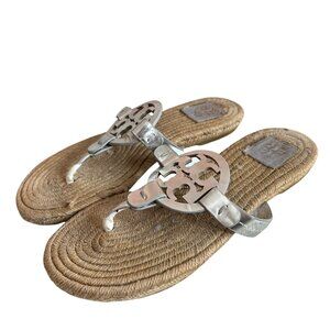 Tory Burch Miller Espadrille sandals silver leather flat 8.5 9 thong laser cut